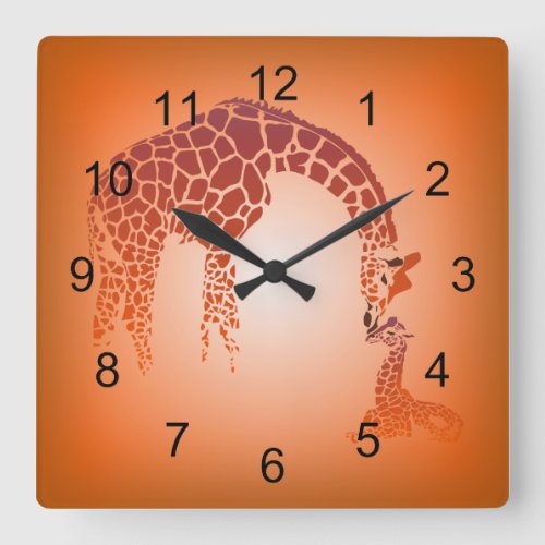 Mother and Cute Baby Giraffe  tangerine Square Wall Clock