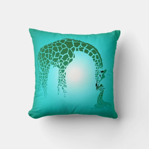 Mother and Cute Baby Giraffe  teal Throw Pillow