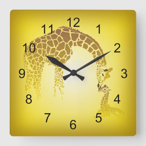 Mother and Cute Baby Giraffe  yellow Square Wall Clock