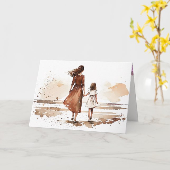 Mother And Daughter Beach Painting Card (Yellow Flower)