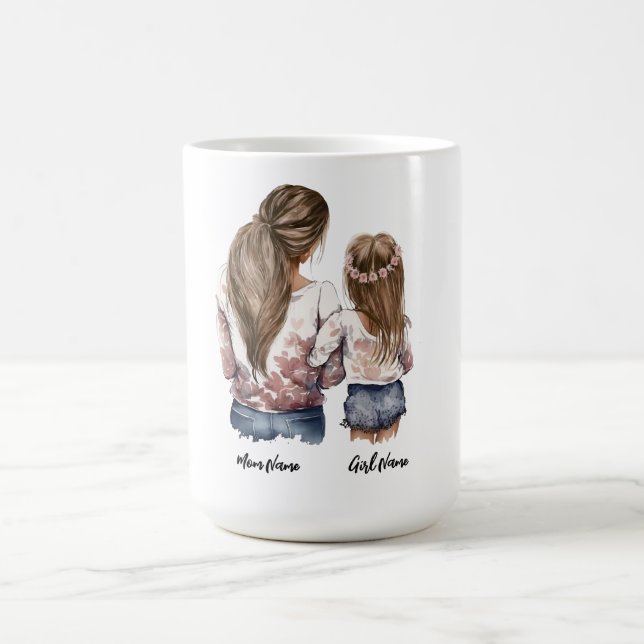 Mother and daughter, long hair, custom name coffee mug (Center)