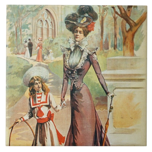 Mother and daughter on a walk (colour litho) ceramic tile (Front)