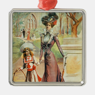 Mother and daughter on a walk (colour litho) metal ornament