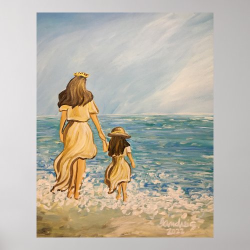 Mother and daughter walk on the beach poster