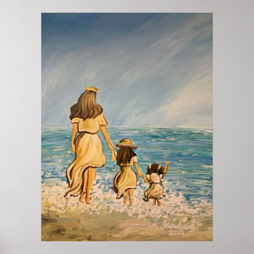 Mother and daughters by the beach poster