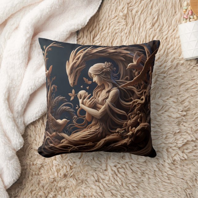 Mother and Dragon Embrace in Whimsical Forest Throw Pillow (Blanket)