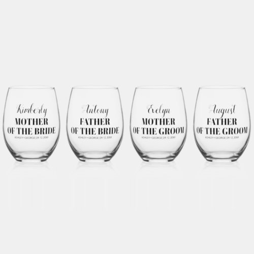 Mother and father of the bride and groom wedding stemless wine glass