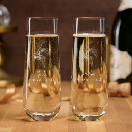 Mother and Father Of The Bride Script Wedding Stemless Champagne Flute