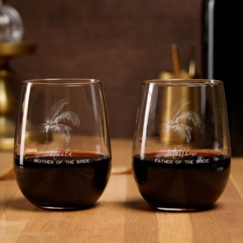 Mother and Father Of The Bride Script Wedding Stemless Wine Glass