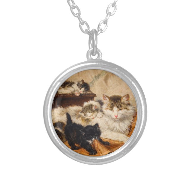 Mother and Her Kittens Silver Plated Necklace (Front)