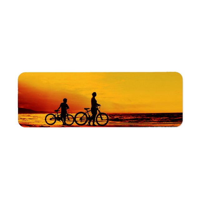 Mother and son biking at beach label (Front)