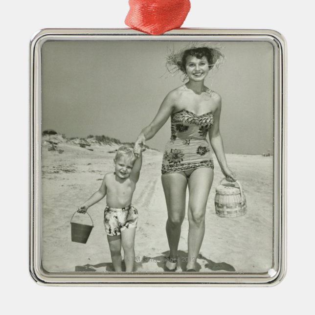Mother and Son Walking Metal Ornament (Front)