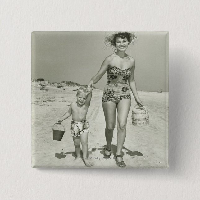 Mother and Son Walking Pinback Button (Front)