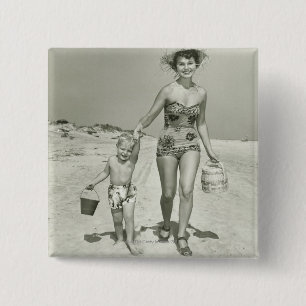 Mother and Son Walking Pinback Button