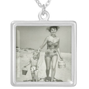 Mother and Son Walking Silver Plated Necklace
