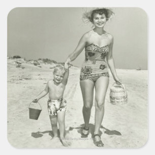 Mother and Son Walking Square Sticker