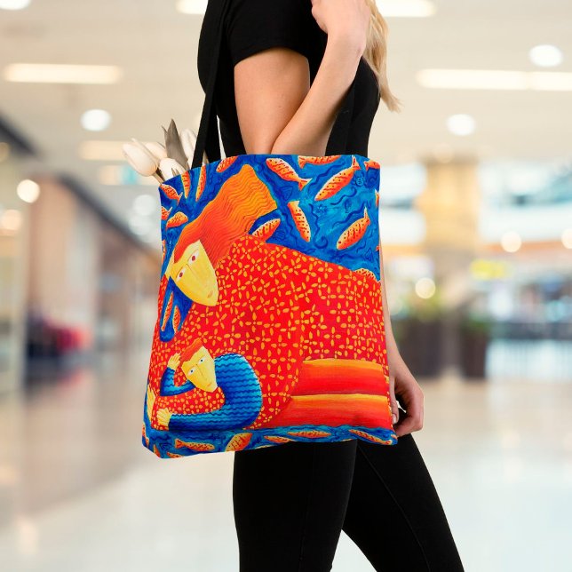 Mother And Son With Goldfish Art Painting Tote Bag (Creator Uploaded)