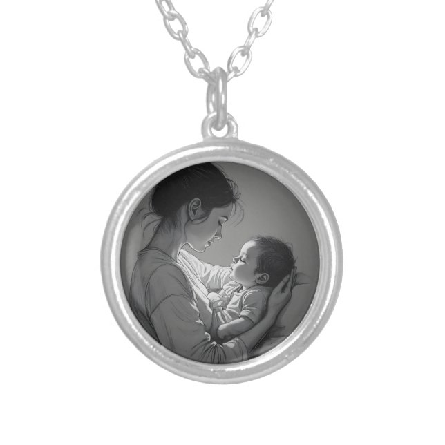 Mother & Baby artwork Silver Plated Necklace (Front)