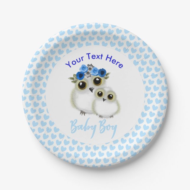 Mother Baby Cute Owl Baby Boy Shower Personalized Paper Plates (Front)