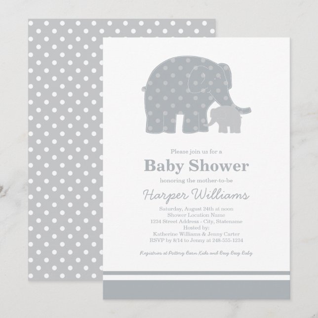 Mother Baby Elephant Gray Dots Baby Shower Invitation (Front/Back)