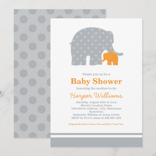 Mother Baby Elephant Orange Gray Baby Shower Invitation (Front/Back)