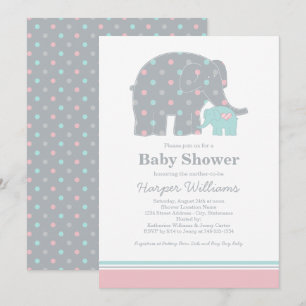 Mother Baby Elephant Pink Aqua Baby Shower Invitation