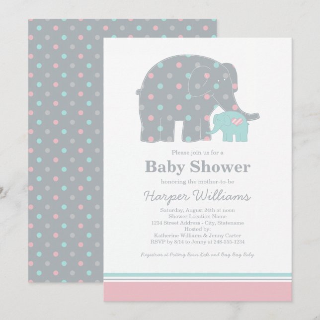 Mother Baby Elephant Pink Aqua Baby Shower Invitation (Front/Back)