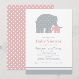 Mother Baby Elephant Pink Gray Baby Girl Shower Invitation
