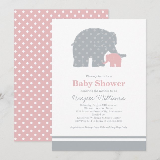 Mother Baby Elephant Pink Gray Baby Girl Shower Invitation (Front/Back)