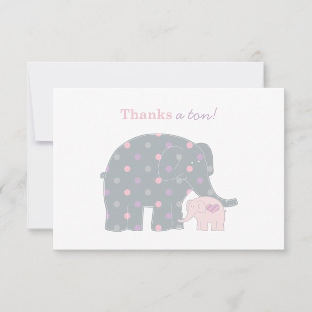 Mother Baby Elephant Pink Purple Dots Girl Thank You Card (Front)