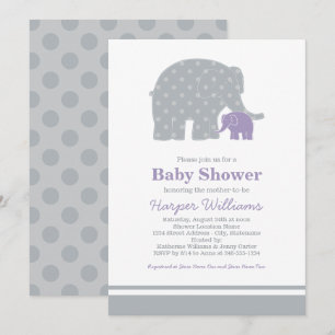 Mother Baby Elephant Purple Gray Baby Shower Invitation