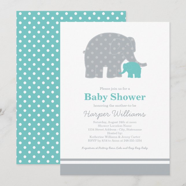 Mother Baby Elephant Teal Gray Baby Shower Invitation (Front/Back)