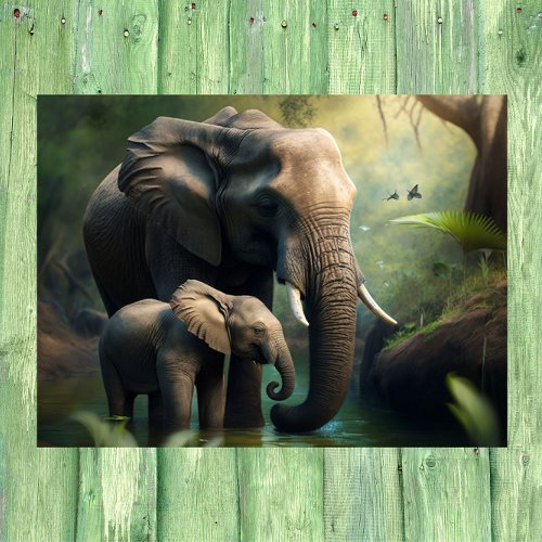 Mother  Baby Elephant Wading in the Water Poster