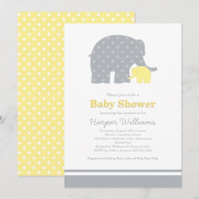 Mother Baby Elephant Yellow Gray Baby Shower Invitation (Front/Back)