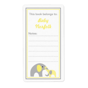 Mother & Baby Elephants Yellow Gray Bookplates