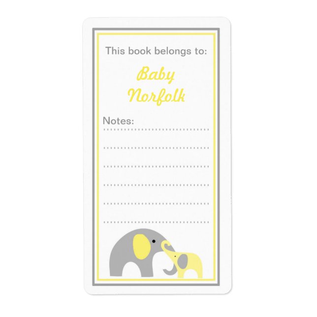 Mother & Baby Elephants Yellow Gray Bookplates (Front)