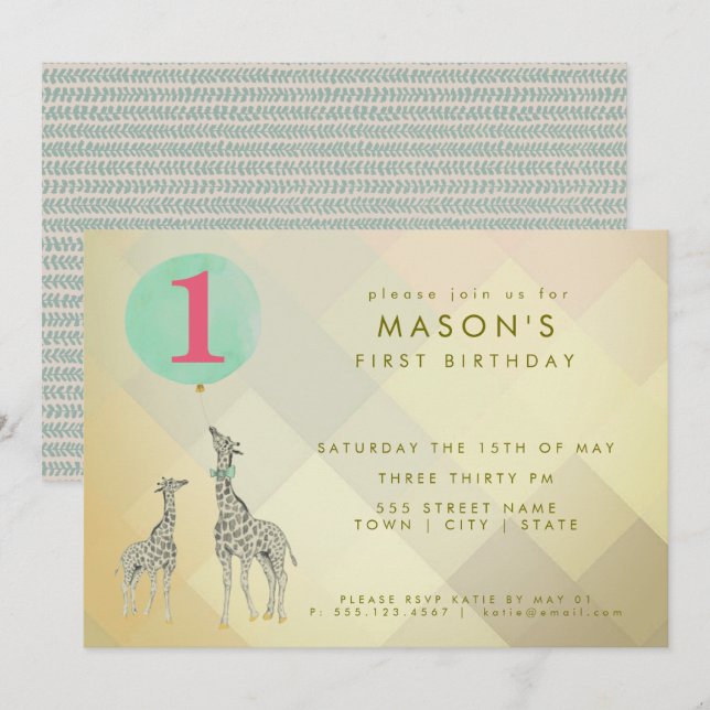 MOTHER & BABY GIRAFFE & BALLOON | BIRTHDAY INVITATION (Front/Back)