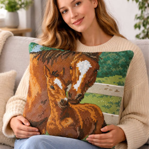 Mother Baby Horse Cross Stitch Style Throw Pillow