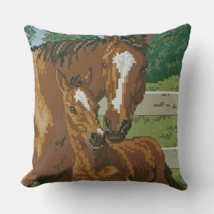 Mother Baby Horse Cross Stitch Style Throw Pillow