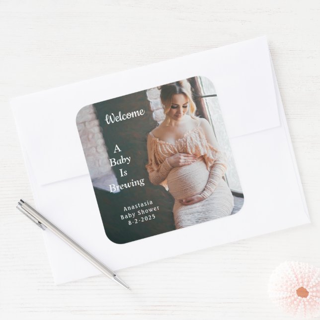 Mother Baby Is Brewing Photo Baby Shower Custom Square Sticker (Envelope)
