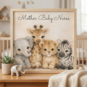 Mother Baby Nurse Safari Watercolor Nursery Art Foam Board