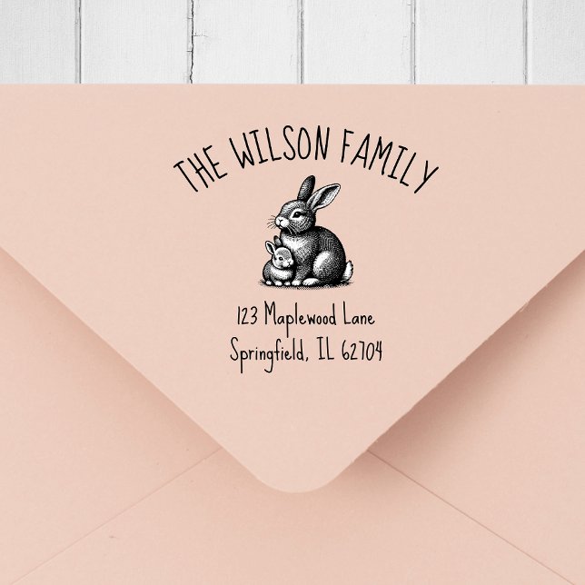 Mother & Baby Rabbit Family Return Address Stamp (Rabbit rubber stamp)