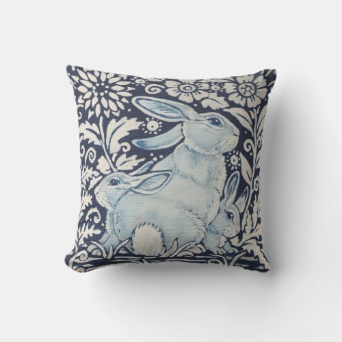 Mother Baby Rabbit Spring Floral Navy Blue Unique Throw Pillow