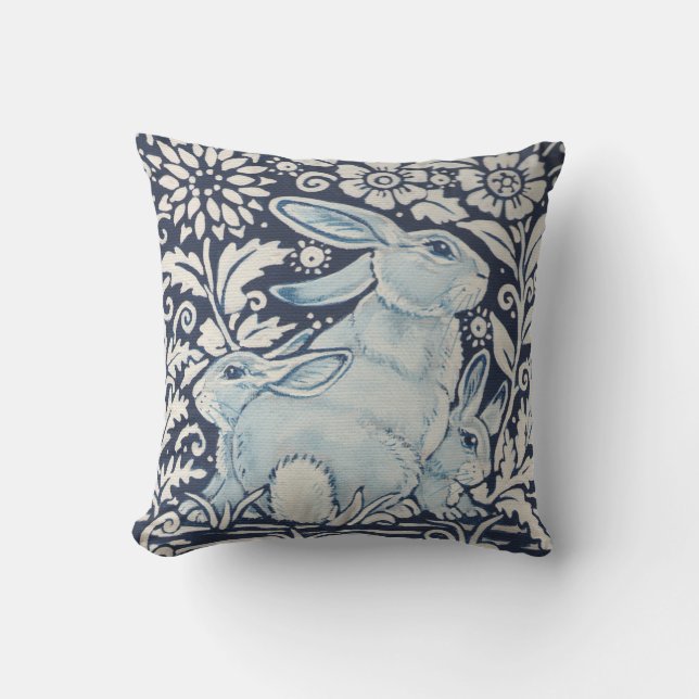 Mother, Baby Rabbit Spring Floral Navy Blue Unique Throw Pillow (Front)