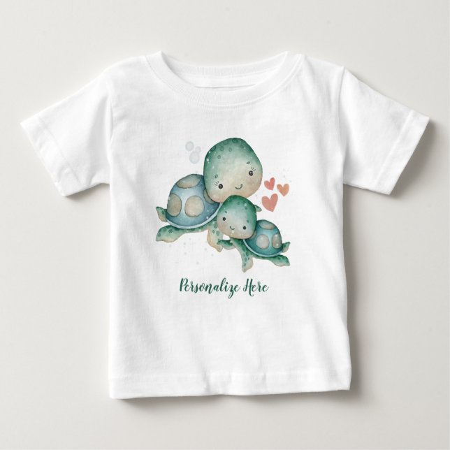 Mother Baby Sea Turtles Ocean Life Personalized Baby T-Shirt (Front)