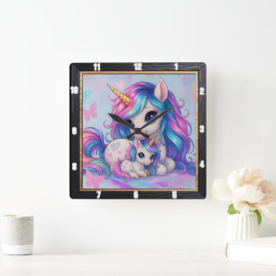 Mother Baby Unicorn Rainbow Square Wall Clock