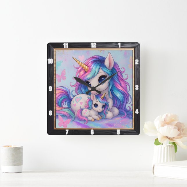 Mother Baby Unicorn Rainbow  Square Wall Clock (Home)