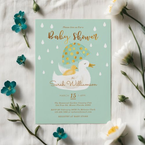 Mother  Baby Yellow Ducky Umbrella Mint Green Invitation