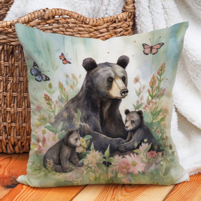 Mother Bear Cubs Butterflies Flowers Painting Throw Pillow (Bear family pillow)