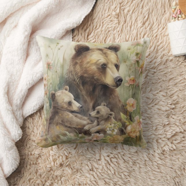 Mother Bear Cubs Pink Flowers Nature Painting Throw Pillow (Blanket)